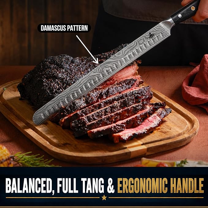 Brisket Knife Set for Meat Carving - 12" Slicing Knife + 6" Curved Boning Knife & Carving Fork for Effortless Meat Cutting, Full Tang & Ergonomic - Razor Sharp German Steel, BBQ Grilling Gifts for Men