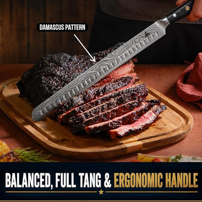 Brisket Knife Set for Meat Carving - 12" Slicing Knife + 6" Curved Boning Knife & Carving Fork for Effortless Meat Cutting, Full Tang & Ergonomic - Razor Sharp German Steel, BBQ Grilling Gifts for Men