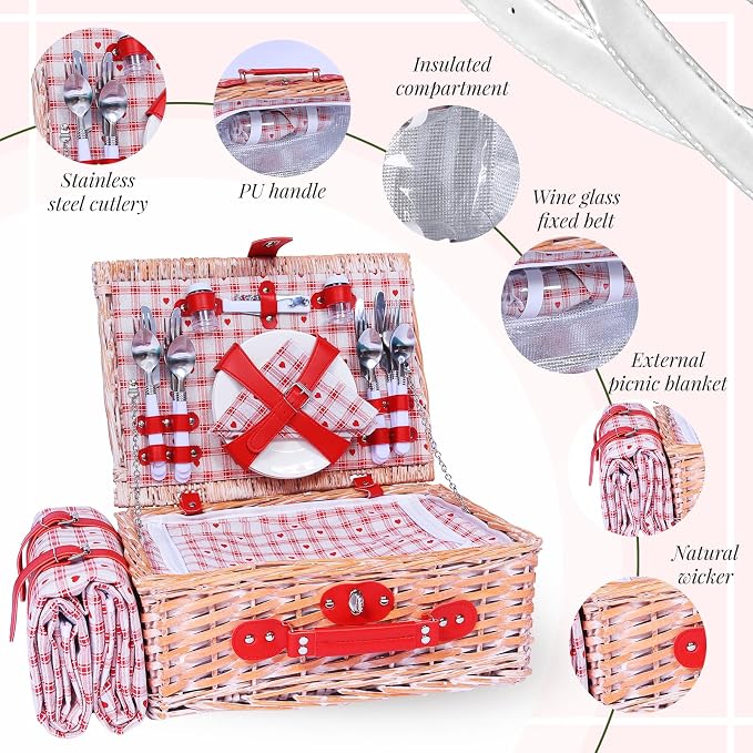 Wicker Picnic Basket Set for 4, Blanket, Cooler Bag, Red Heart | Four-Person Wicker Set Includes Tableware, Insulated Food Storage and Waterproof Blanket for Parks, Camping, Dates and Gifts
