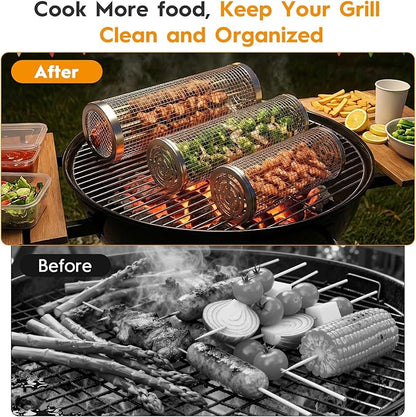 3 Pcs Rolling Grill Baskets for Outdoor Grill Accessories, BBQ Grilling Basket for Vegetables Shrimp Kebob, Outdoor Cooking Camping, Birthday Gifts for Men Dad Husband