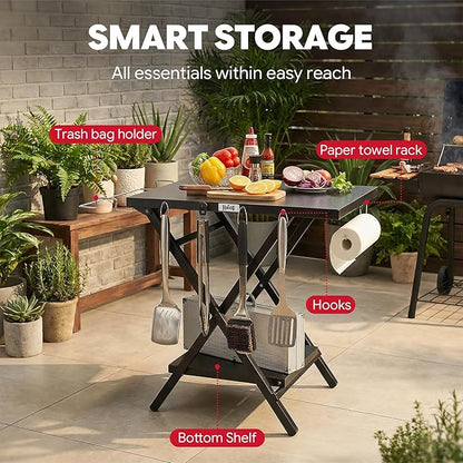 Feasto Outdoor Grill Table, Foldable Pizza Oven Stand & Griddle Stand with Garage Rack & Tissue Holder, Folding Outdoor Prep Table for Gathering and Party, 30" x 24", Black