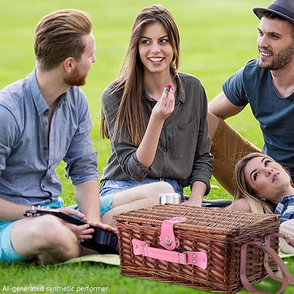 Wicker Picnic Basket Set for 4, Blanket, Cooler Bag, Pink Stripes | Four-Person Wicker Set Includes Tableware, Insulated Food Storage and Waterproof Blanket for Parks, Camping, Dates and Gifts