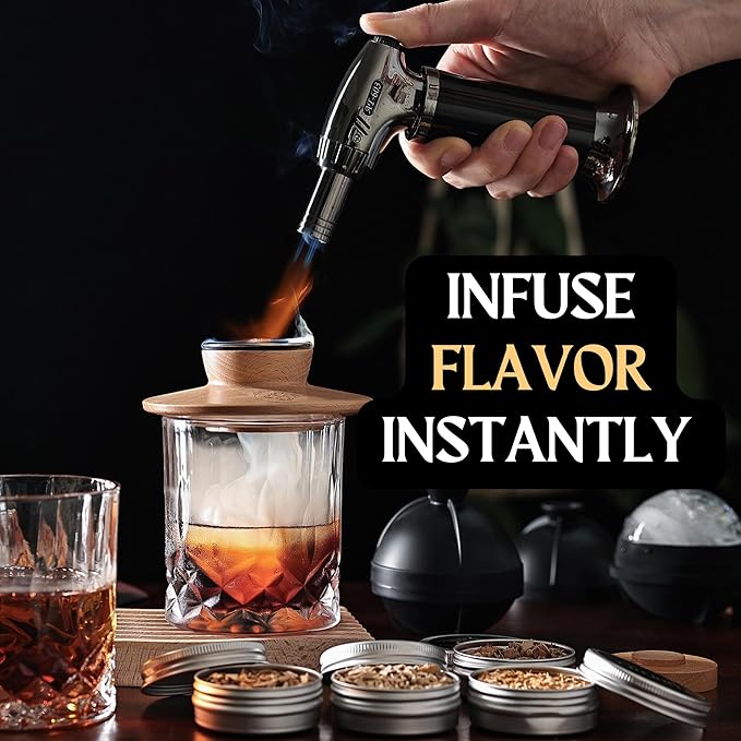 Cocktail Smoker Kit - Whiskey Bourbon Drink Smoker with Torch, Custom Top, 2 Ice Ball Makers, 6 Flavors Wood Chips, Extra Filter - Smokers for Whiskey Drinks - Cocktail Drink Smoking Kit