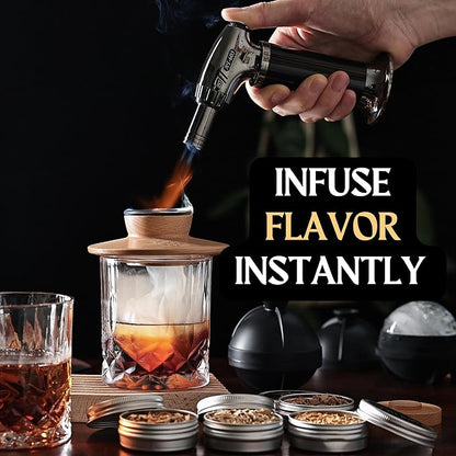 Cocktail Smoker Kit - Whiskey Bourbon Drink Smoker with Torch, Custom Top, 2 Ice Ball Makers, 6 Flavors Wood Chips, Extra Filter - Smokers for Whiskey Drinks - Cocktail Drink Smoking Kit