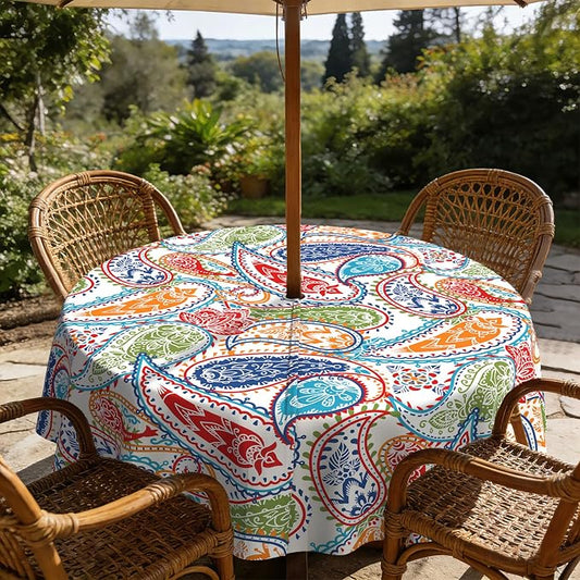 Outdoor Tablecloth with Umbrella Hole Elegant Zipper Patio Table Cloth for Outdoor Patio Garden Yard Decor