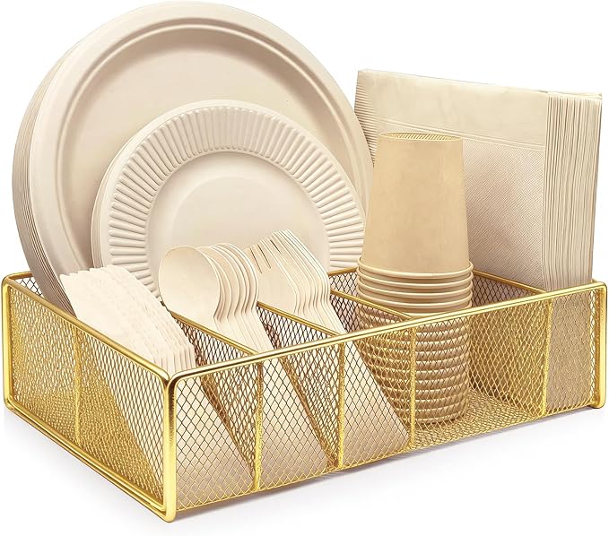 DysanVica Metal Paper Plate Holder - Utensil Silverware Caddy Gold | Kitchen Counter Cabinet Cutlery Flatware Organizer Storage Dispenser Box Plastic Spoon Fork Plates Napkins Cup Party Camping