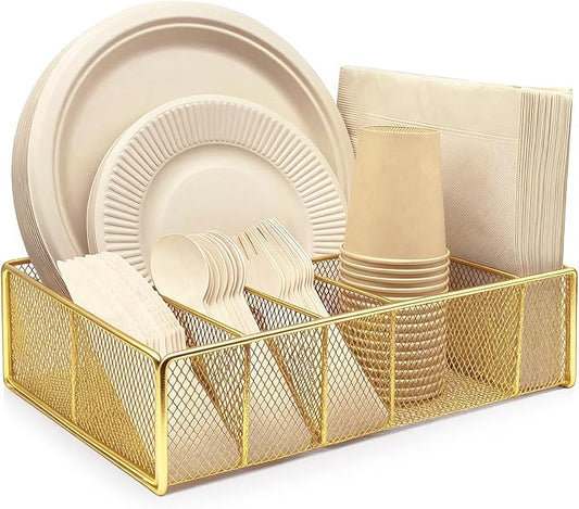 DysanVica Metal Paper Plate Holder - Utensil Silverware Caddy Gold | Kitchen Counter Cabinet Cutlery Flatware Organizer Storage Dispenser Box Plastic Spoon Fork Plates Napkins Cup Party Camping