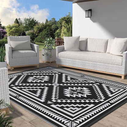 GENIMO Outdoor Rug, Waterproof Plastic Rugs for Patio, 6'x9' Shadow White | Outside Larger Modern Carpet Mat for Porch Decor, Deck, Balcony, Camping, RV, Backyard, Picnic, Beach, Reversible, Foldable