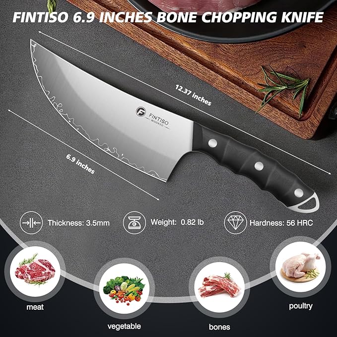 FINTISO Viking Butcher Knife, 6.9 Inch Hand Forged Meat Cleaver Knife with 5-Layer High Carbon Stainless Steel, Full Tang G10 Handle, Ideal for Kitchen, BBQ, Camping & Outdoor Cooking