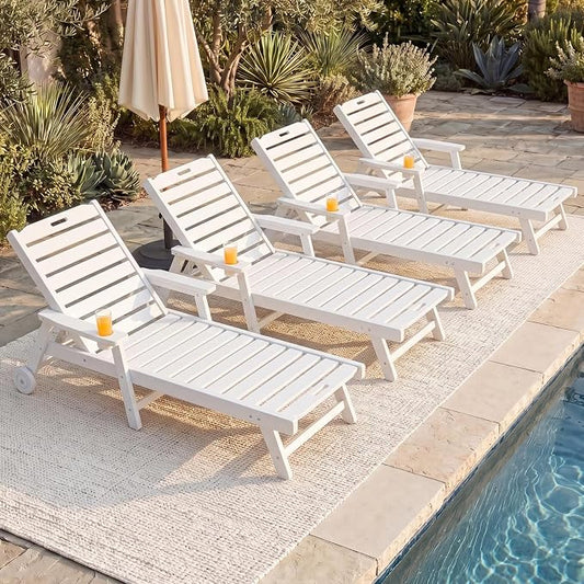 Garvee Lounge Chair Outdoor Set of 4 with Wheels & 5-Position Adjustable Backrest, Oversized Chaise Lounge with 2 Move Handle, HDPE Lounge Chair w/Detachable Cup Holder, for Patio, Pool,White
