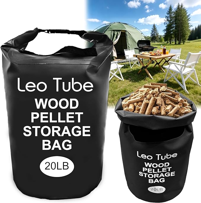 Heavy-Duty Wood Pellet Storage Bag, 20LB Waterproof Smoker Bag - 500D PVC Outdoor Storage Container with Buckle Seal, Label Pocket & Handles for BBQ, Grill, Pellet Smoker (Black)