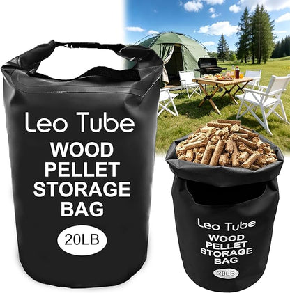 Heavy-Duty Wood Pellet Storage Bag, 20LB Waterproof Smoker Bag - 500D PVC Outdoor Storage Container with Buckle Seal, Label Pocket & Handles for BBQ, Grill, Pellet Smoker (Black)