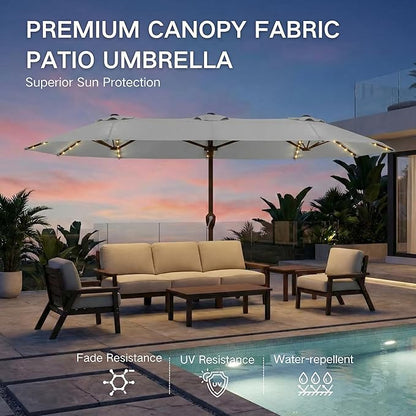 Kingdura 13ft Large Patio Umbrella with Solar Lights, Double-Sided Rectangle Outdoor Table Umbrella with Base Included, 12 Reinforced Ribs, 48 Led Lights, Crank Lift for Market Pool Deck, Light grey