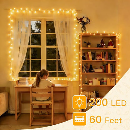 Ollny Christmas Lights 200LED 60FT Indoor, Warm White Connectable Plug in String Light Outdoor, 8 Modes Waterproof Timer LED Fairy Lights for House Outside Bedroom Patio Balcony | Warm White Plug in 8 Modes Fairy Light with Remote Waterproof Timers Dim...