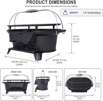 Cast Iron Hibachi Grill Outdoor, Japanese Yakitori Grill for Camping, Small Portable Charcoal Hibachi Grills, Cast Iron, with Double-Sided Grate, for Indoor Outdoor BBQ (2, Built-in handle)