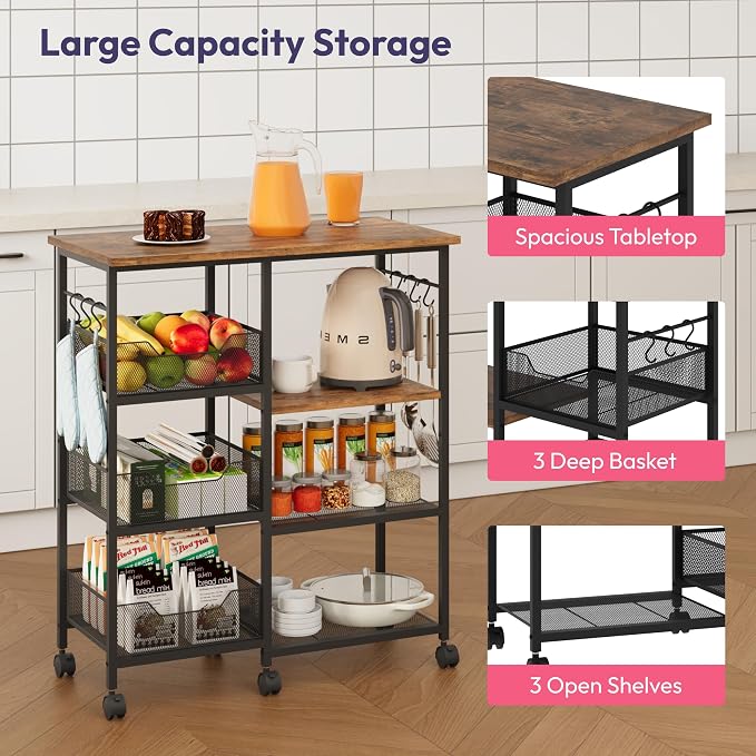 SWTYMIKI Microwave Cart with Storage - 28.35x14.57in Rolling Kitchen Table Cart with Storage Shelves, 6 Removable Hooks& Locking Casters, Coffee Bar Cabinet for Dining Room Pantry Office, Espresso