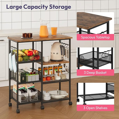 SWTYMIKI Microwave Cart with Storage - 28.35x14.57in Rolling Kitchen Table Cart with Storage Shelves, 6 Removable Hooks& Locking Casters, Coffee Bar Cabinet for Dining Room Pantry Office, Espresso