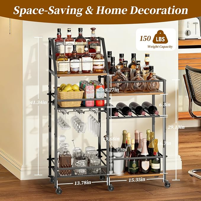 VINAEMO Rolling Bar Cart with Wine Glass Holder, Bar Carts for The Home, Bar Stand for Home, Small Mini Bar for Whiskey Wine, Liquor Cart for Home Bar, Alcohol Cabinet for Bar, Kitchen, Dining Room