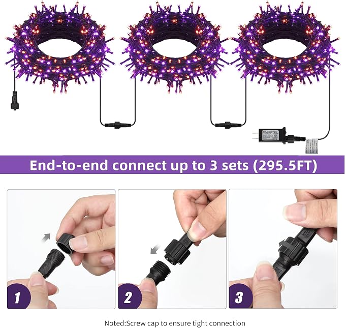 300 LED Halloween String Lights, 98.5FT with 8 Modes, Waterproof, Plug in for Indoor/Outdoor Party Decorations (Purple & Orange)