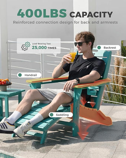 Folding Adirondack Chair with Retractable Ottoman Weather Resistant Fire Pit Chair Patio Chair with 2 Cup Holder Lawn Outdoor Lounge Chair (Lake Blue)