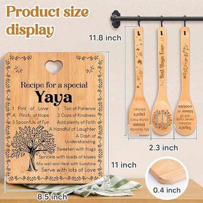 Yaya Gifts - "Recipe for a Special Yaya" Yaya Gifts for Grandma Cutting Board Set, Bamboo-Made Engraved Utensil Set Gifts for Yaya Cutting Board, Mothers Day Gifts for Yaya