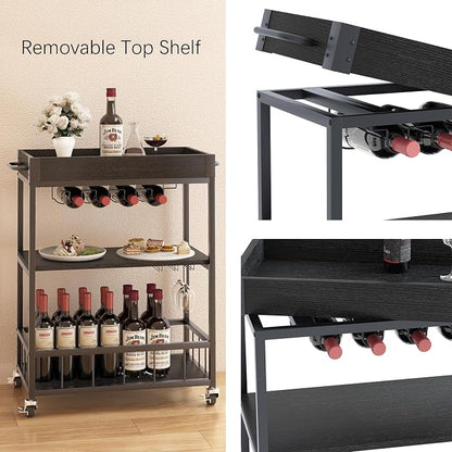 Bar Cart Serving Wine 3 Tier Home Rolling Rack with Wheels Mobile Kitchen Industrial Vintage Style Wood Metal Serving Trolley Serving Cart, Drink Cart for Living Room Kitchen