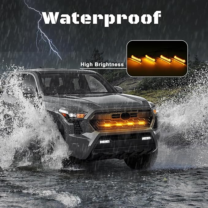 LED Grill Lights - 4PCS Front Grill Lights for Toyota Tacoma TRD Sport TRD Off-Road TRD Pre Runner 2024 2025 2026 with Fuse Adapter & Harness (Amber Light with Black Shell)