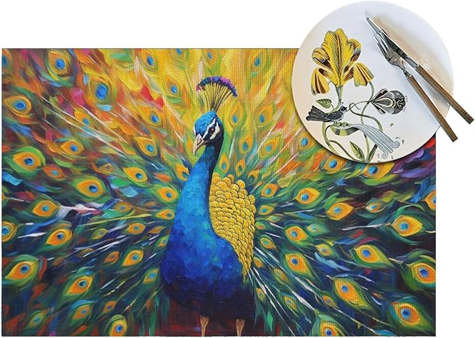 Beautiful Peacock Placemats Set of 4 Linen 12x18 Inch | Washable Heat-Resistant Cute Kitchen Table Mats for Dining Outdoor Farmhouse Holiday Home Decor