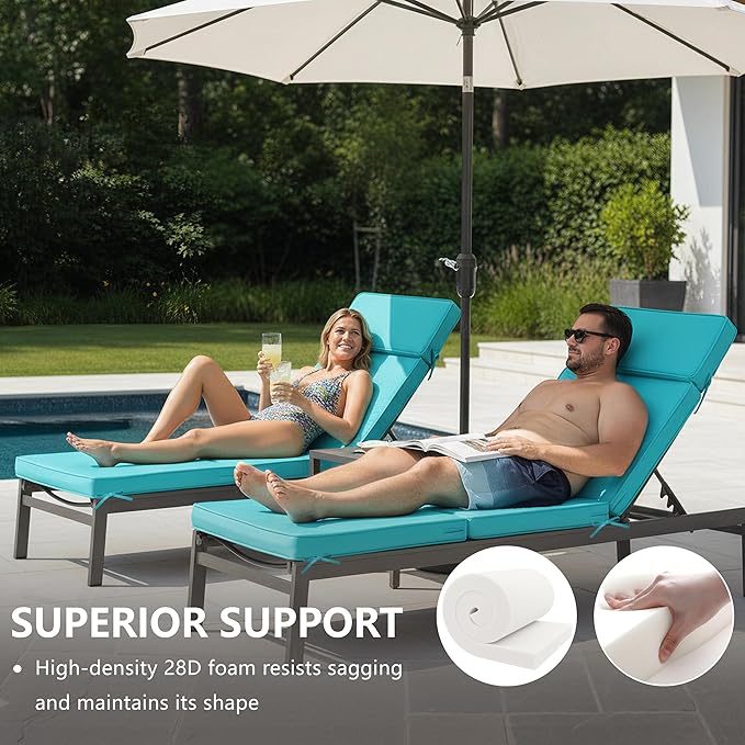 72 x 21 Inch Outdoor Chaise Lounge Cushions Set of 4 - Removable Cover, 4-Section Design, Water-Repellent & Fade-Resistant, 6 Tie Straps, Replacement for Patio & Pool Chairs - Teal