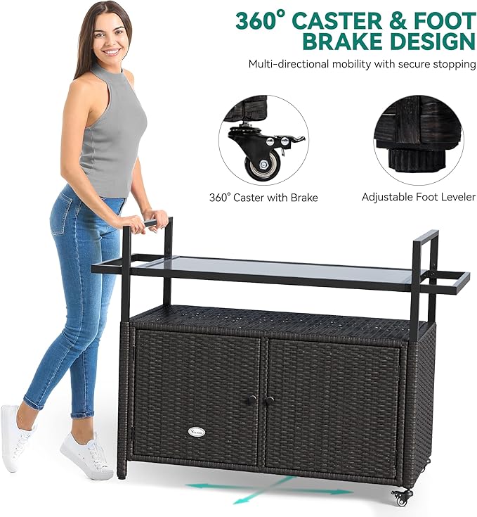 YITAHOME Large Outdoor Kitchen Wicker Island Rolling Cart, Patio Bar Table with Thickened Frame, Patio Storage Cabinet w/Wheels and Black Glass Table Top Backyard and Poolside Dark Brown