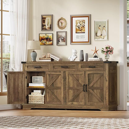 usikey 61" Large Buffet Cabinet with 4 Doors and 3 Drawers, Farmhouse Buffet Sideboard Cabinet with Storage, Coffee Bar Wine Bar for Living Room, Honey Brown
