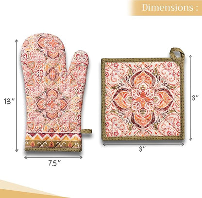 Maison d' Hermine 100% Cotton Oven Mitt & Pot Holder Set (7.5"x13" & 8"x8") | Heat Resistant BBQ Cooking Gloves with Loop Baking Grilling Kitchen Hotel Home Farmhouse Thanksgiving Christmas - Damask