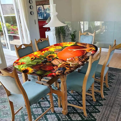 Thanksgiving Oval Fitted Tablecloths, Pumpkins with Sunflowers Pattern Print Elastic Edged Table Cover, Windproof Cloths for Indoor Outdoor Dining Decor, Fits to 48x68 in Table, Orange