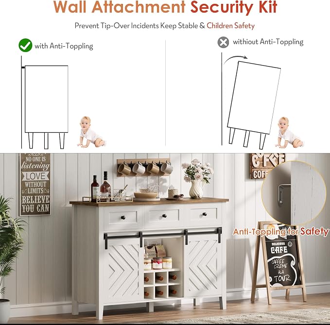 CABIHOME Farmhouse 47.2'' Buffet Cabinet with Sliding Barn Door, 33.4'' Tall Wood Rustic Sideboard with 3 Drawer, Adjustable Shelf and Removable Wine Rack for Dining Room, Kitchen, Living Room, White