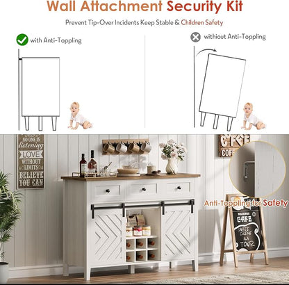 CABIHOME Farmhouse 47.2'' Buffet Cabinet with Sliding Barn Door, 33.4'' Tall Wood Rustic Sideboard with 3 Drawer, Adjustable Shelf and Removable Wine Rack for Dining Room, Kitchen, Living Room, White
