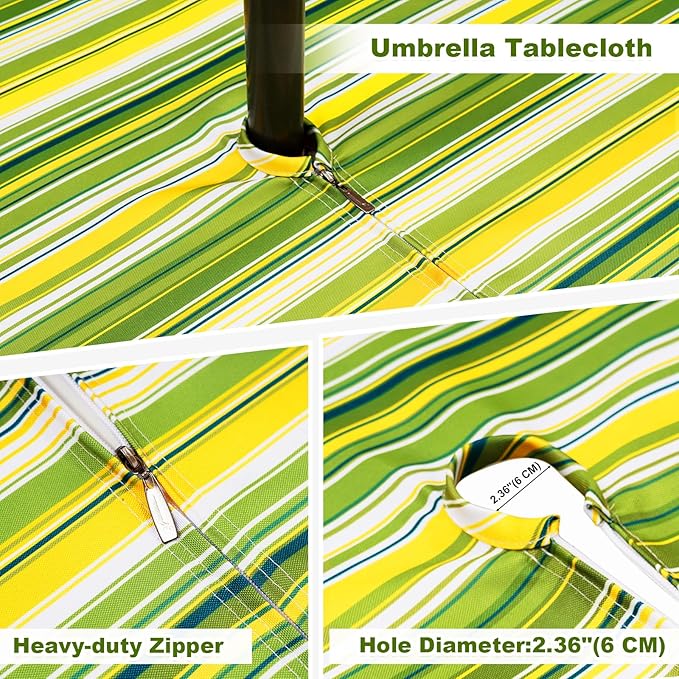Poise3EHome 60 Inches Round Outdoor Tablecloth with Umbrella Hole and Zipper,Spillproof Patio Table Cloth for Camping Picnic Party Garden Table, Green Striped
