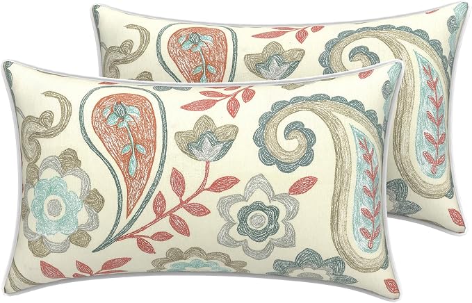 LVTXIII 2 Pack Outdoor Lumbar Pillow Covers 12x20 Inch with Piping, Water-Repellent Back Cushion Covers ONLY for Patio Furniture, Sofa, Garden Bench, Paisley Vintage