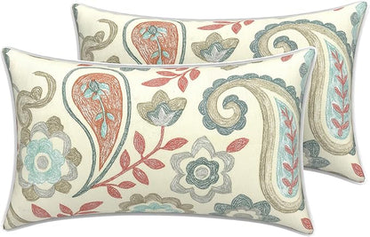 LVTXIII 2 Pack Outdoor Lumbar Pillow Covers 12x20 Inch with Piping, Water-Repellent Back Cushion Covers ONLY for Patio Furniture, Sofa, Garden Bench, Paisley Vintage