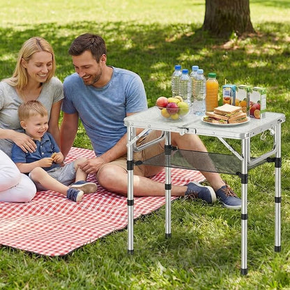 YihuiKo Small Folding Table with Carrying Handle, Portable Picnic Table | Adjustable Heights Max 27.5", Storage Net, Carrying Handle, Aluminum Alloy Frame, Foldable Table, For Camping/Patio