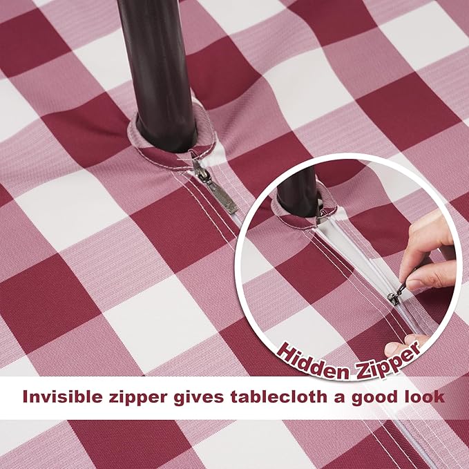 SquarePie Rectangle Outdoor Tablecloth with Umbrella Hole and Zipper Checked Waterproof Spillproof Table Linen Cloth for Spring Summer Picnic Patio Garden,60 X 84 Inch Burgundy Red Gingham