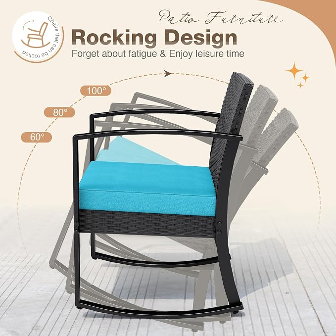 Greesum 3 Piece Patio Furniture Set, All-Weather Imitation Rattan Conversation Set, Outdoor Rocking Chair Bistro Set with Glass Top Coffee Table for Pool, Deck, Porch, Garden or Balcony, Blue