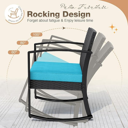 Greesum 3 Piece Patio Furniture Set, All-Weather Imitation Rattan Conversation Set, Outdoor Rocking Chair Bistro Set with Glass Top Coffee Table for Pool, Deck, Porch, Garden or Balcony, Blue