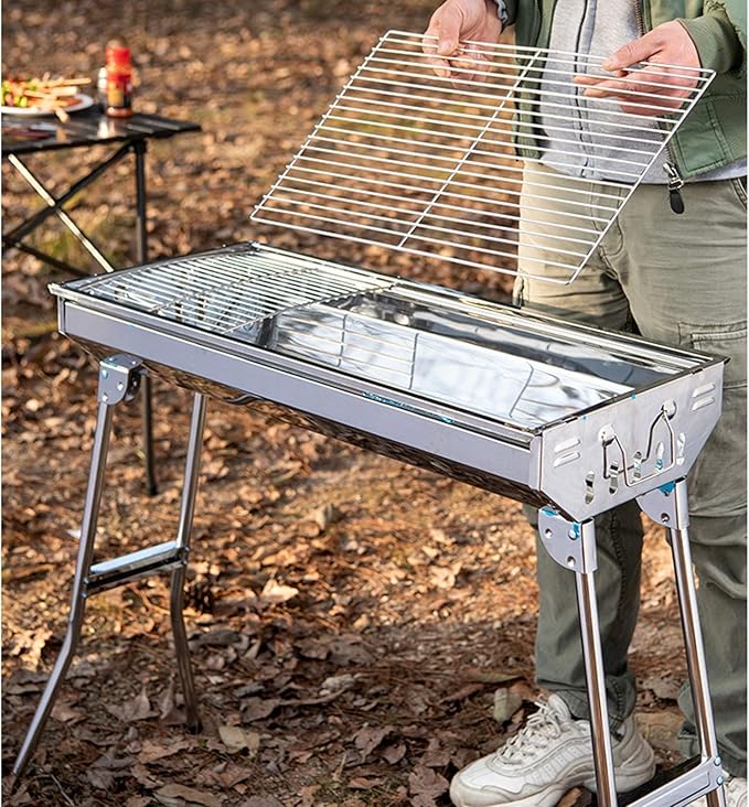Outdoor Stainless Folding BBQ Grills Picnic Barbecue Rack Grill Charcoal Stove Picnic Accessories Suitable for 3 6 Person Silver BBQ Grill