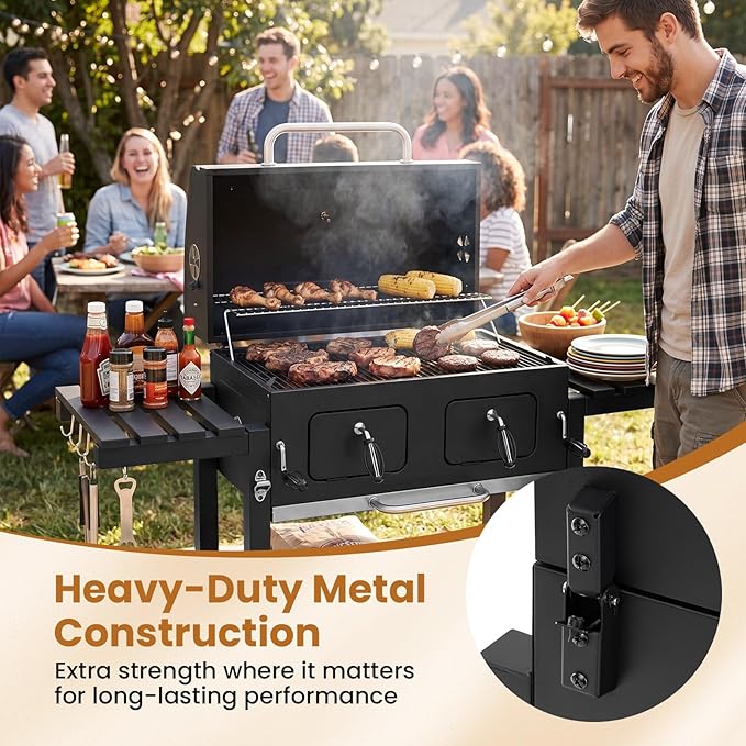 HAPPYGRILL Charcoal Grill, 752 sq.in Oversized Outdoor Smoker BBQ Grill with Individual Lifting Charcoal Trays, Folding Side Tables, Thermometer, Wheels, Bottle Opener & Protective Cover, Black