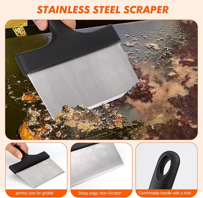 Tilldawn Griddle Cleaning Kit for Blackstone 13 Piece- 2 Stainless Steel Cleaning Scrapers, 10 Scouring Pads and 1 Handle, Cleaning Accessories for Blackstone Grill, Flat Top Grill Cleaning Tools Kit
