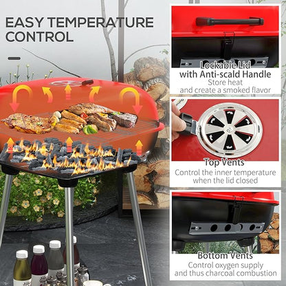 Portable Charcoal Grill with Bottom Shelf, BBQ Smoker with Wheels and Adjustable Vents on Lid for Picnic Camping Backyard Cooking, Black
