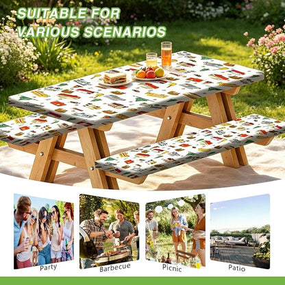 Picnic Table Cover with Bench Covers and Bag, Camping Rv Essentials, Waterproof Windproof Fabric, Fitted Tablecloth Cover with Elastic Edge, 3 PCS, 30x72 Inch, White