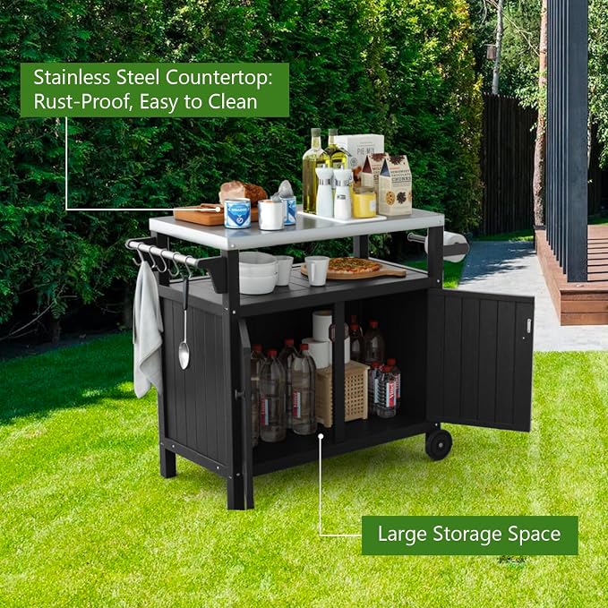 TORVA Portable Outdoor Grill Cart with Storage, Waterproof HDPE BBQ Prep Table for Patio & Backyard, 304 Stainless Steel Top, All-Weather Use, Camping Cart with Wheels, 42.12" L x 20.71" W, Black