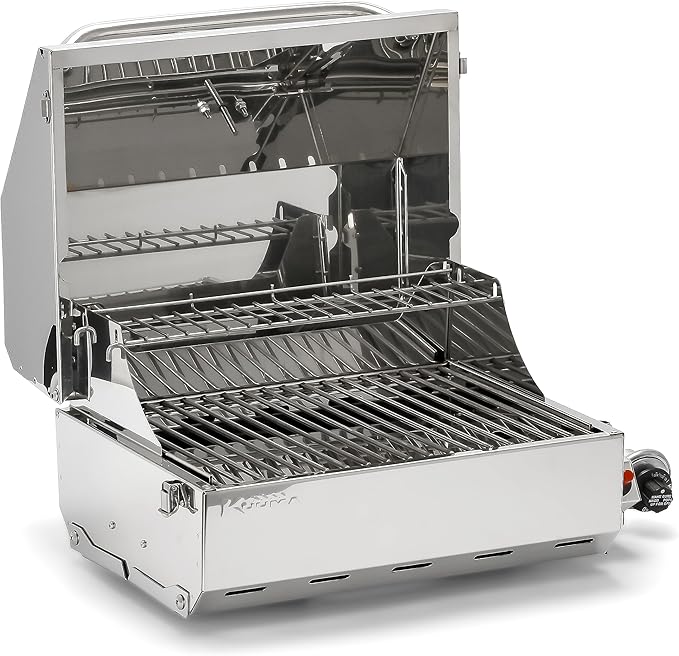 Camco Kuuma Stow N’Go 216 Elite Propane Grill | Features Built-In Thermometer & Push-Button Igniter | Includes Fold Away Legs & Removable Warming Rack | Use as Camping Stove and More (58155)