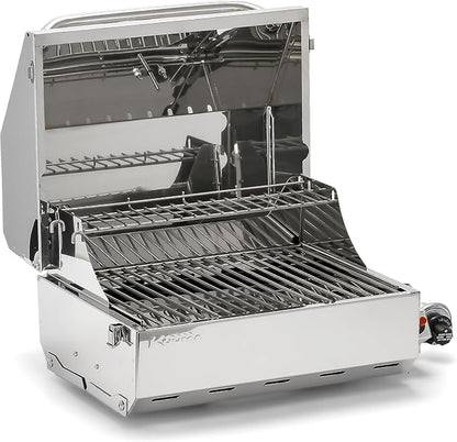 Camco Kuuma Stow N’Go 216 Elite Propane Grill | Features Built-In Thermometer & Push-Button Igniter | Includes Fold Away Legs & Removable Warming Rack | Use as Camping Stove and More (58155)